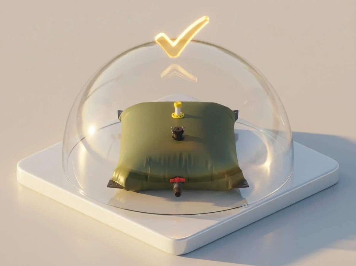 Green pillow water tank protected by a glowing 3D glass shield and checkmark.