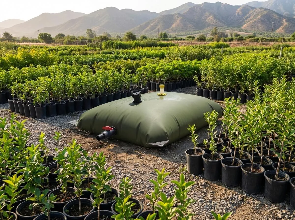 Portable water tank sitting in a plant nursery surrounded by potted saplings.