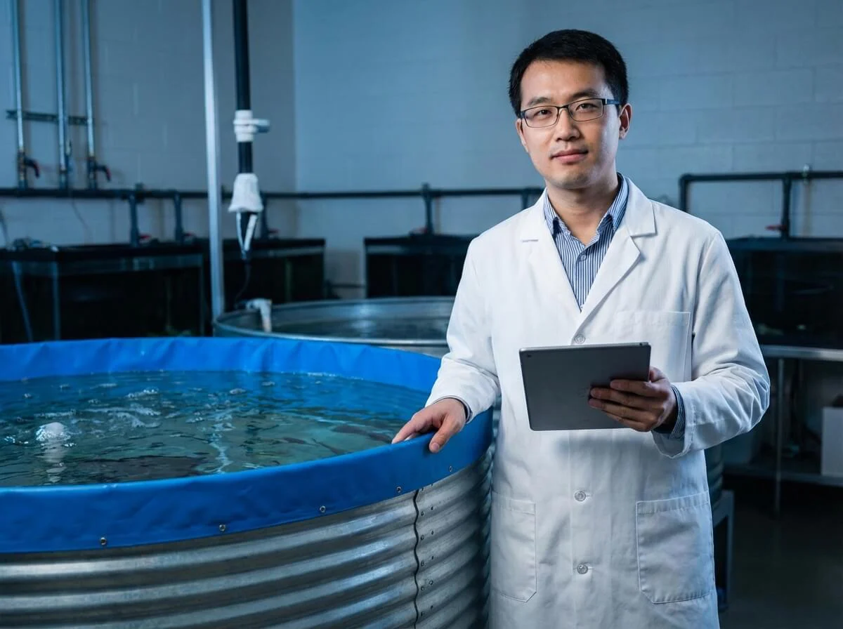 Researcher monitoring data next to a galvanized tank in a lab.