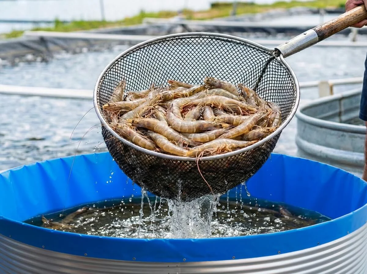 Harvest net full of fresh shrimp above an aerated galvanized tank.