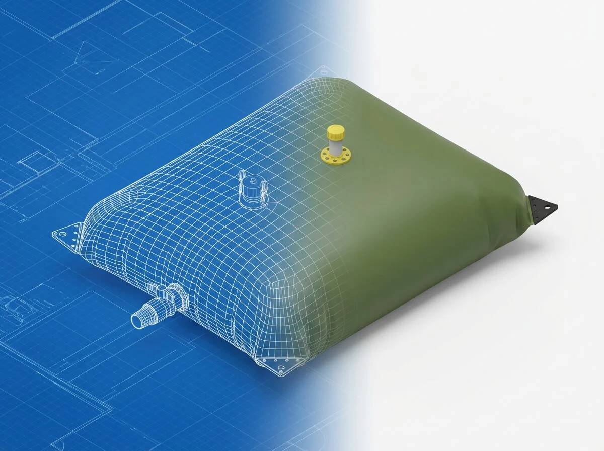 Technical blueprint wireframe transforming into a solid 3D green water tank.