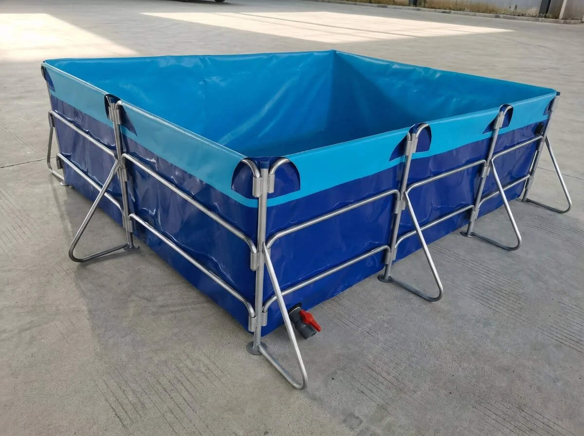A standalone flexible fish tank set up outdoors for temporary fish holding or quarantine.