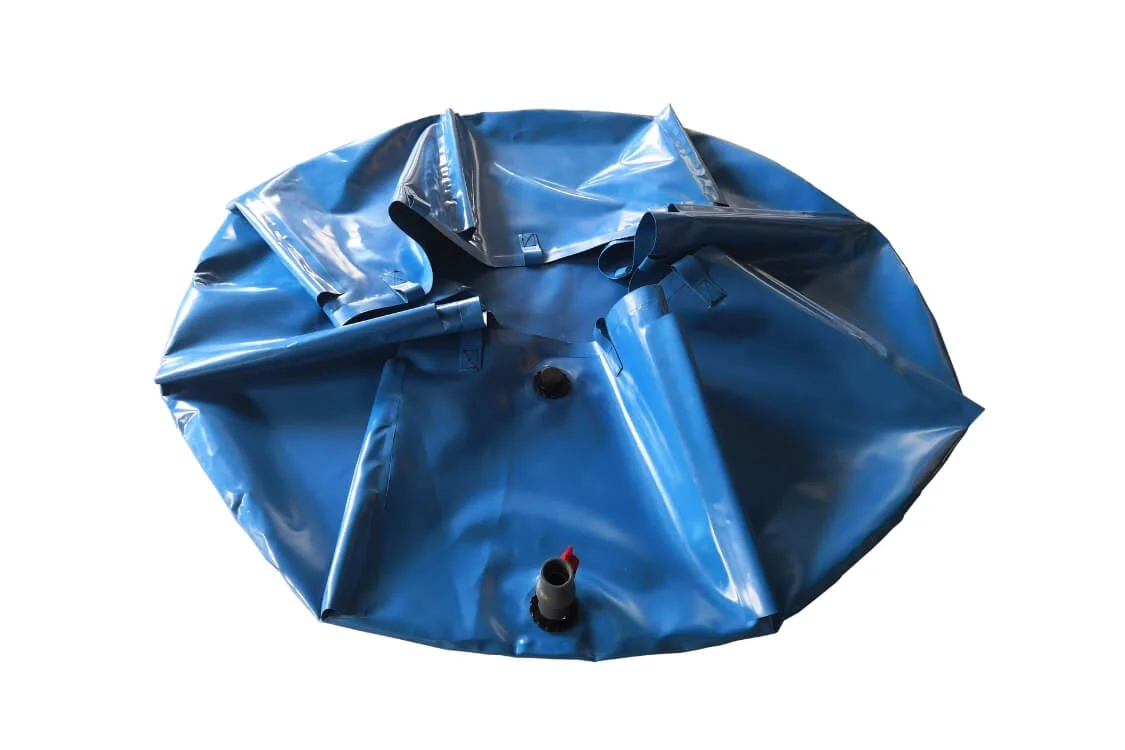 Folded blue PVC fish tank liner ready for assembly, showing compact collapsible design.