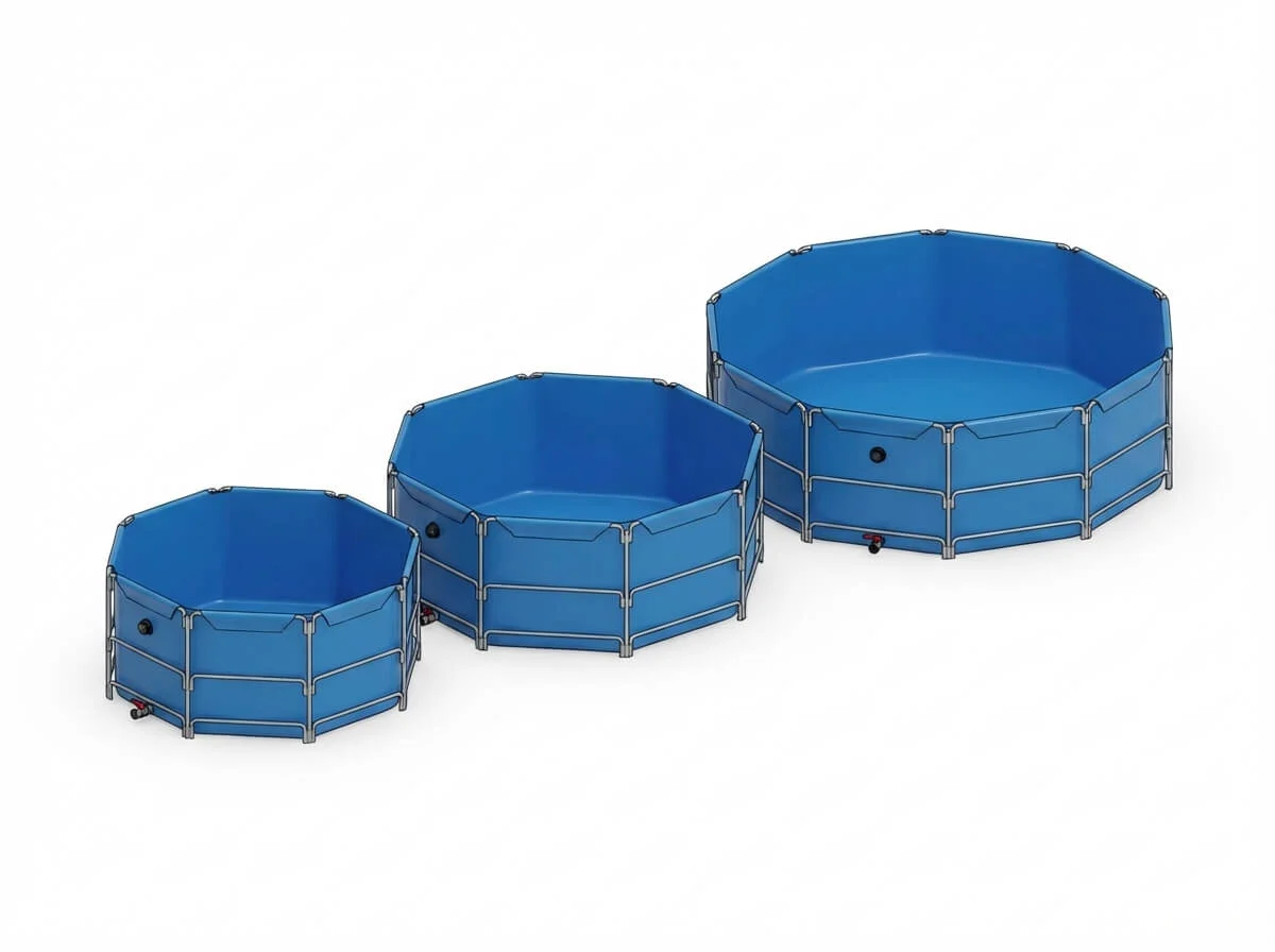 Three different sizes of circular fish tanks lined up showing customization options.