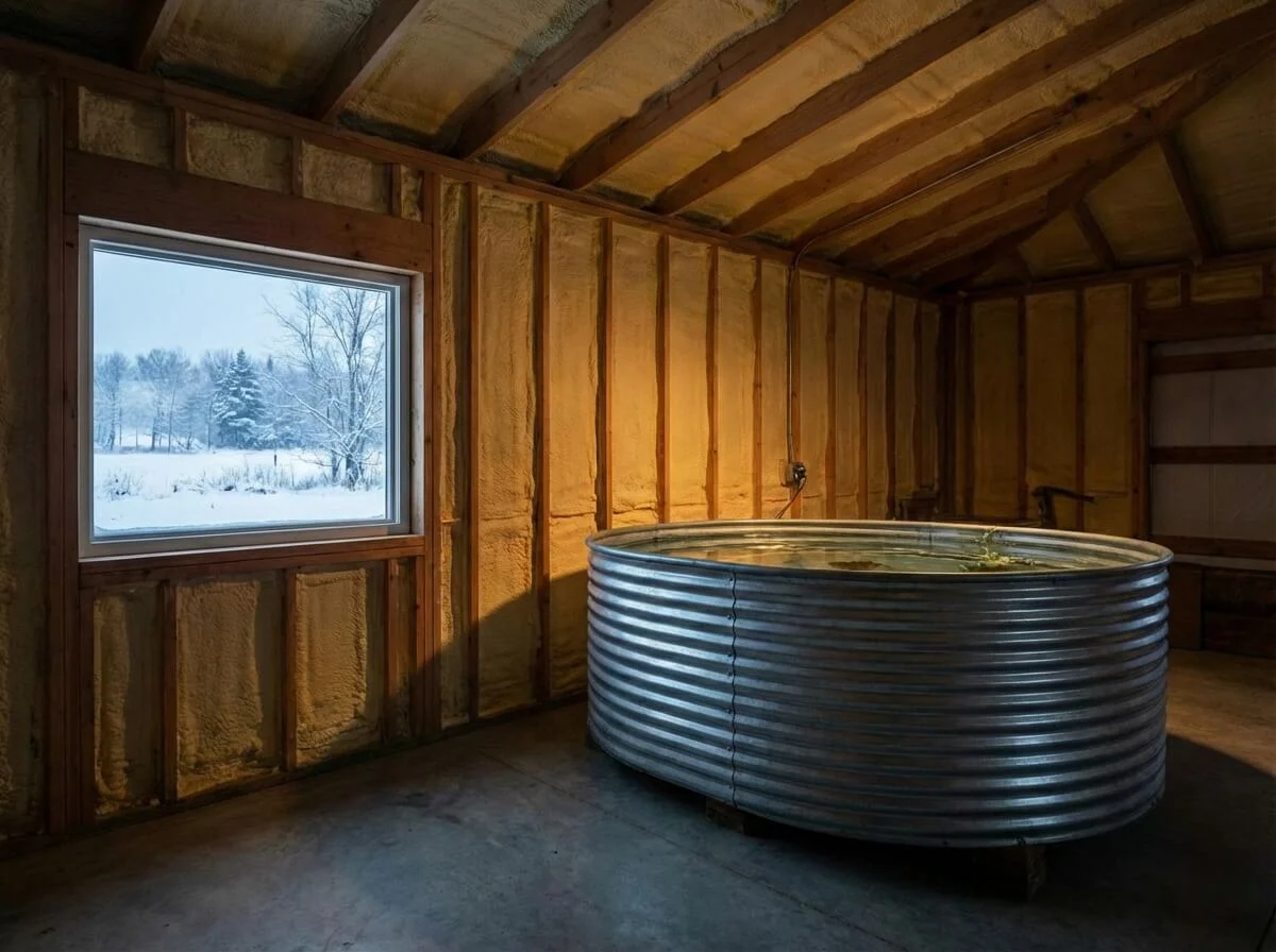 Indoor galvanized tank in a barn providing shelter from winter snow.
