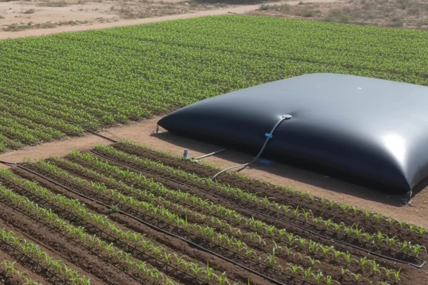 Large agricultural irrigation water storage bladder connecting to drip lines in a drought-affected farm