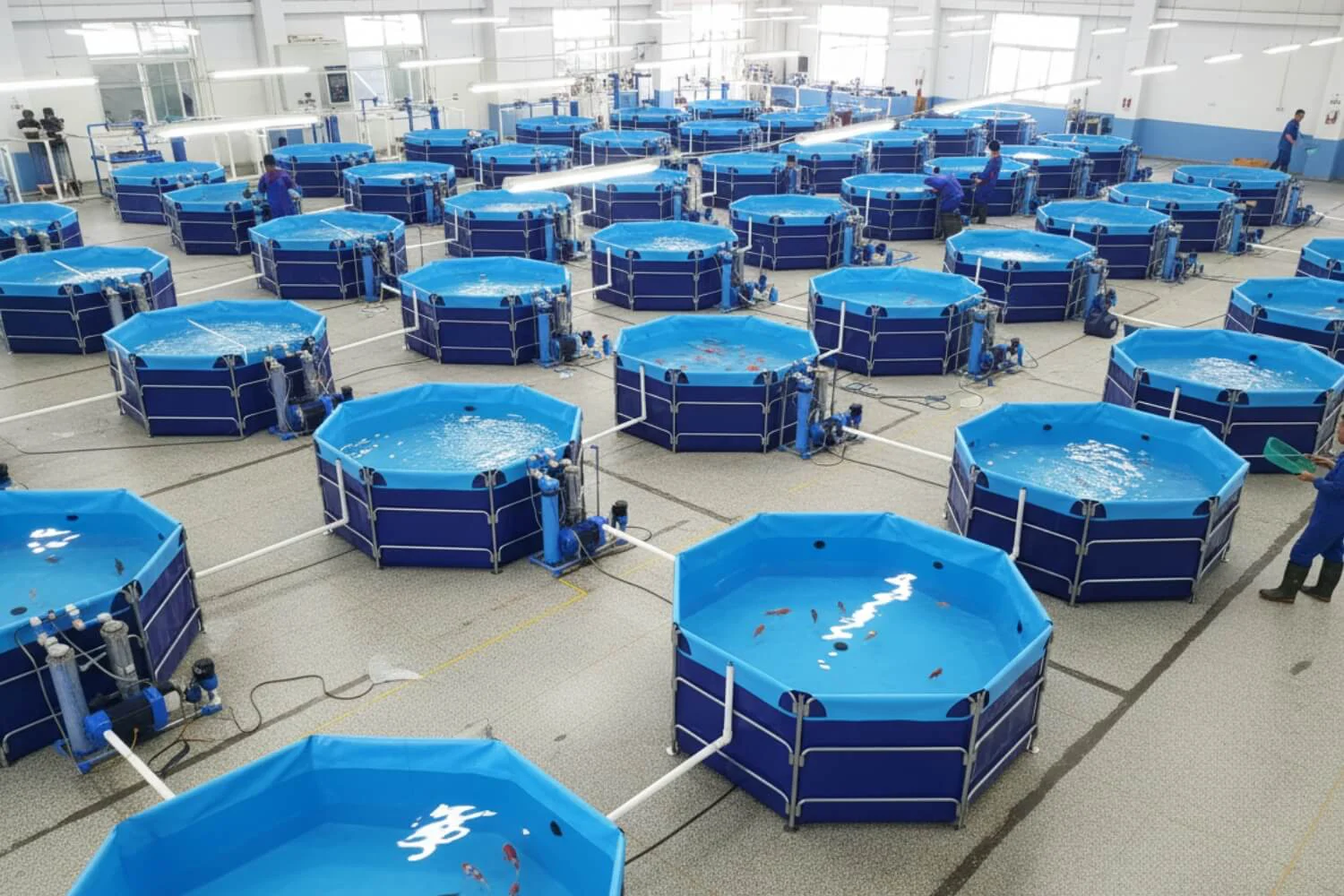 Panoramic view of Bancy's industrial facility showing mass production of blue flexible aquaculture tanks, emphasizing our source factory status.