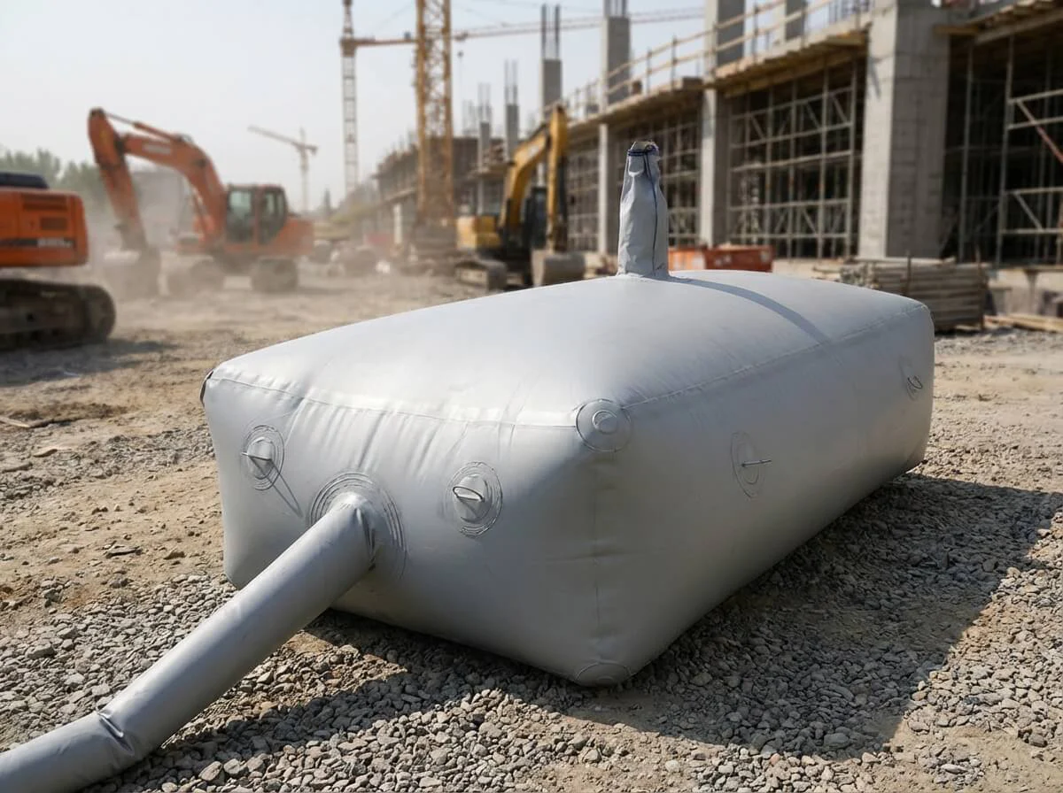 Temporary water storage tank at dusty construction site