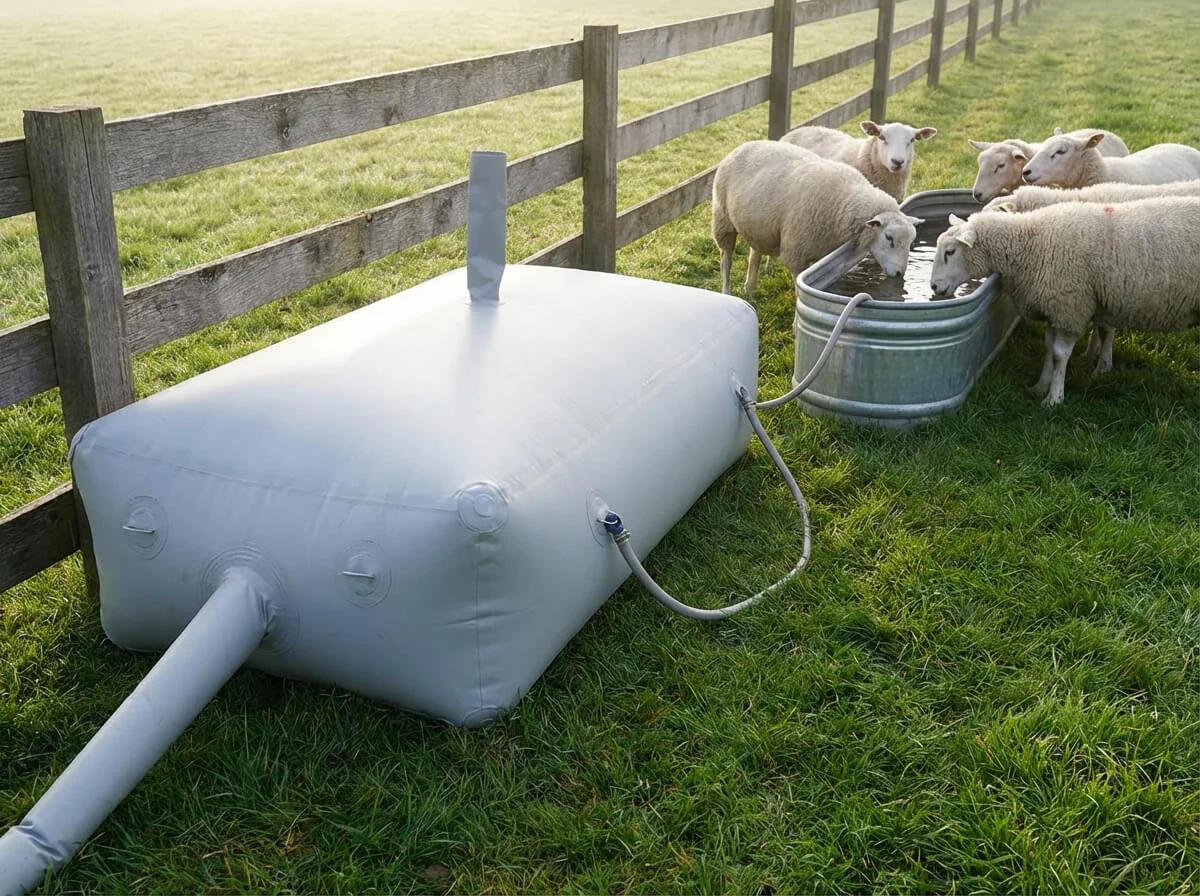 Water bladder supplying drinking trough for sheep and cattle