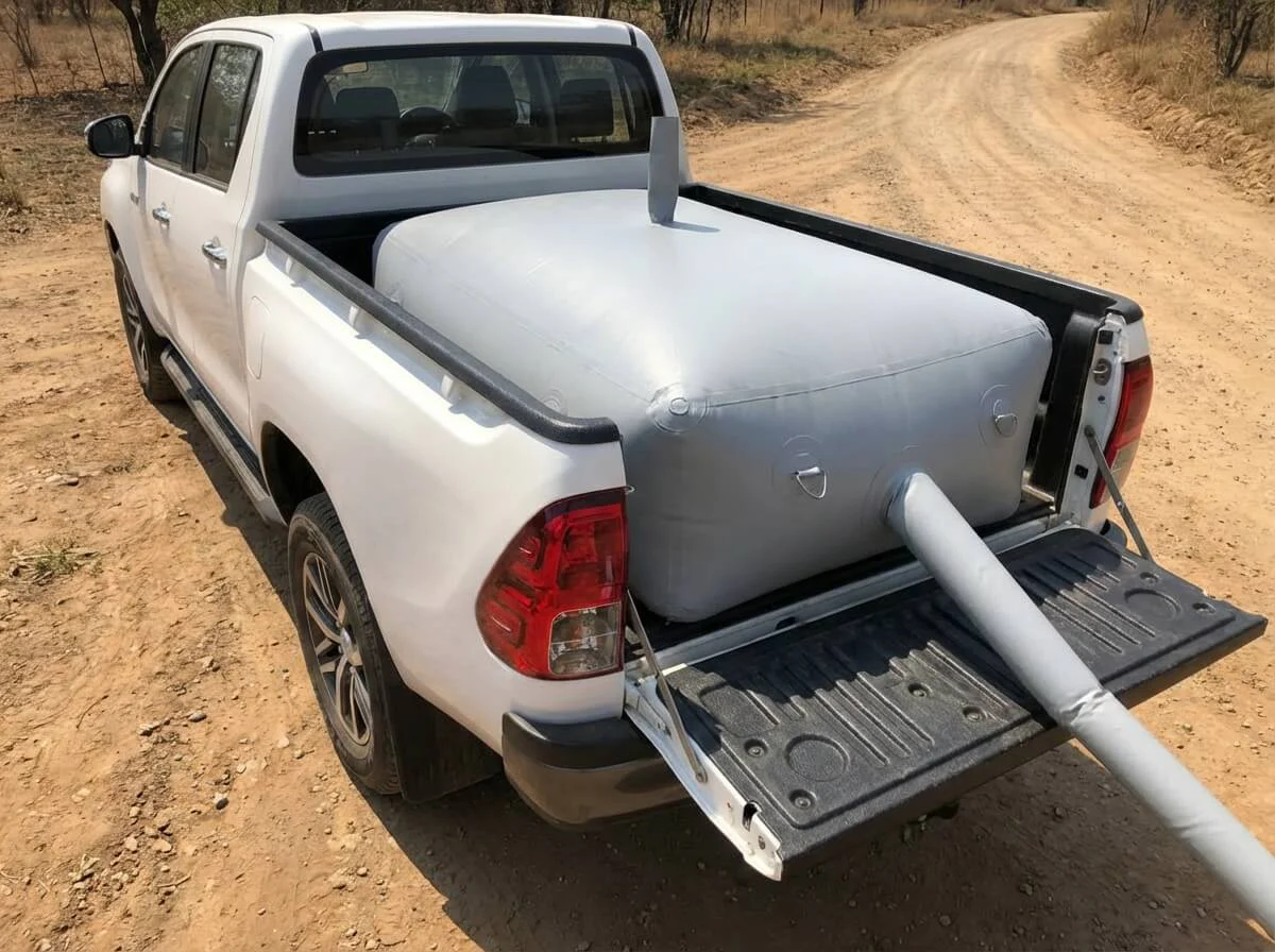 Water bladder fitting in pickup truck bed for transport