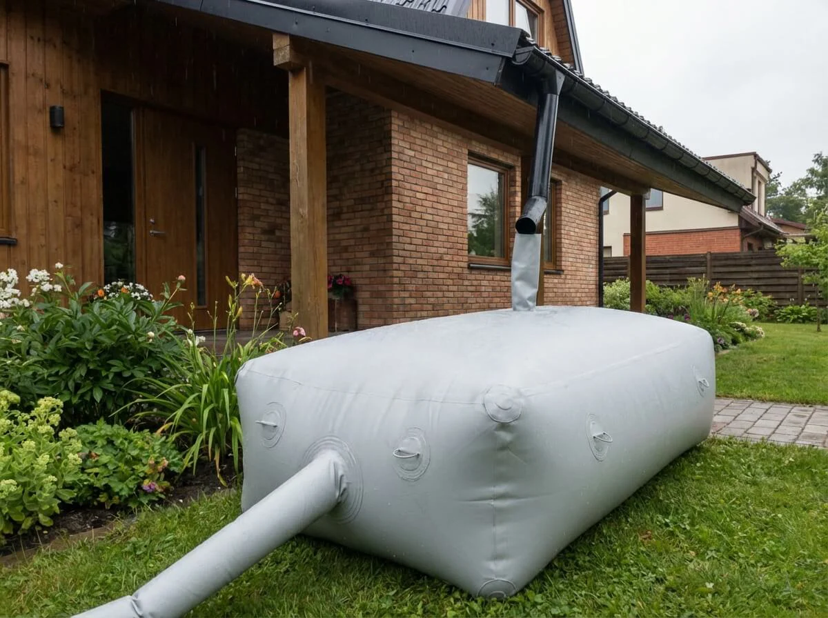 Rainwater collection bladder connected to house downspout