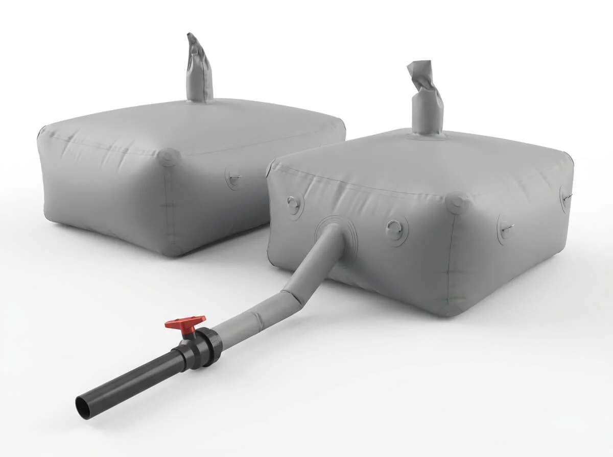 Pair of grey PVC flexible water storage bladders with outlet valve connection