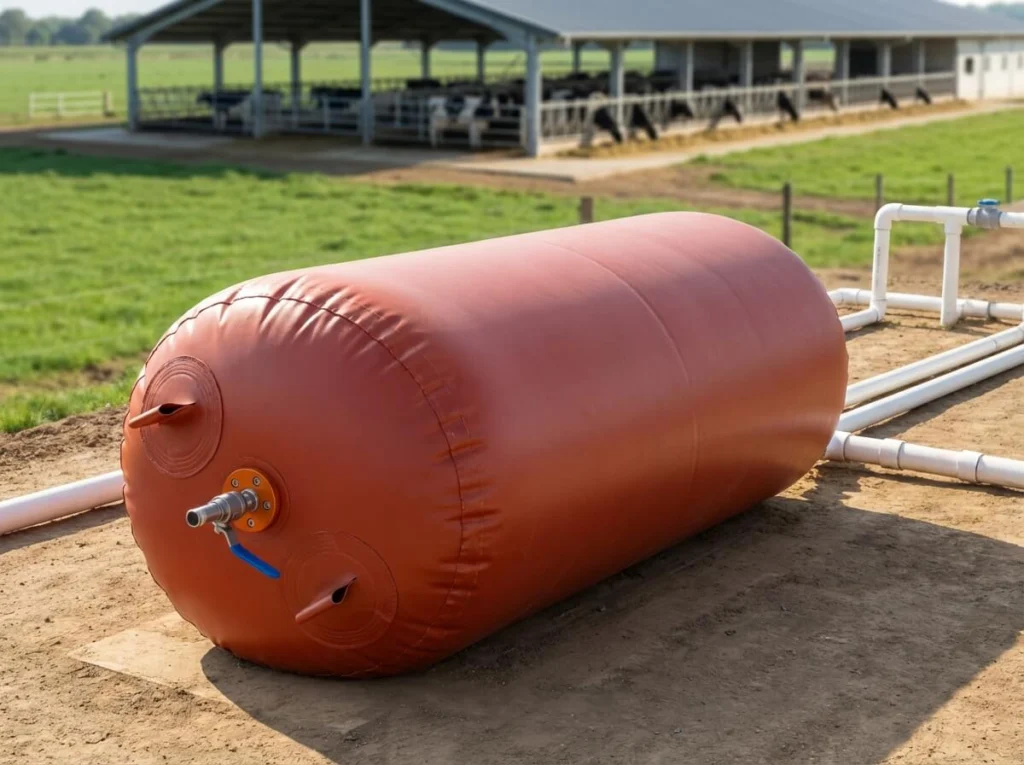 Large red biogas bag used for livestock waste management on a farm