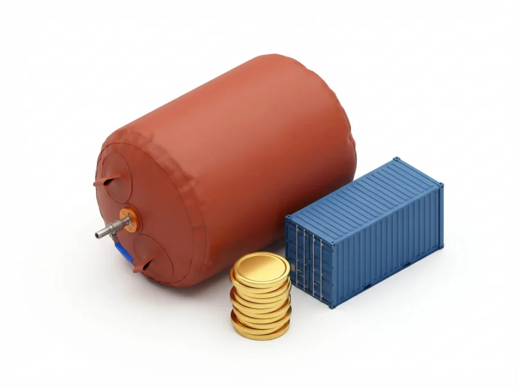 3D icon showing biogas bag cost savings compared to steel tanks