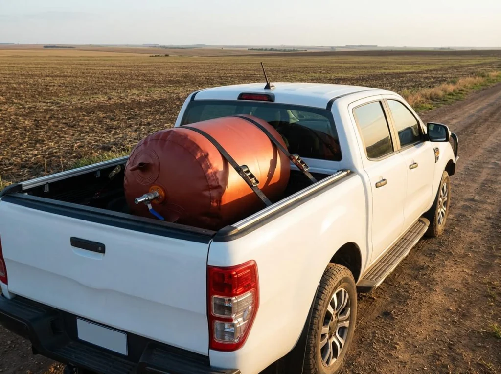 Portable biogas bag loaded on a pickup truck for mobile projects