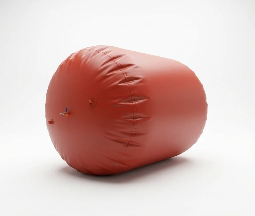 Cylindrical red mud biogas bag fully inflated for farm methane storage