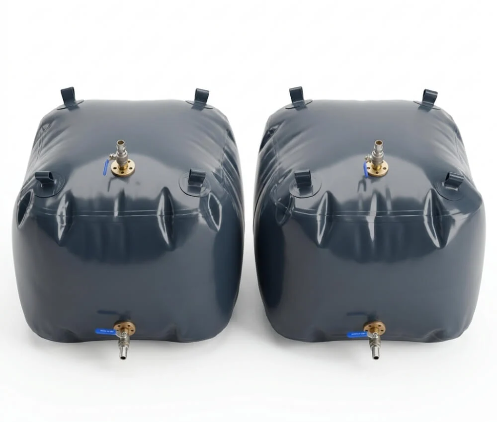 Low profile design of a marine fuel bladder showing space-saving structure for yacht deck range extension