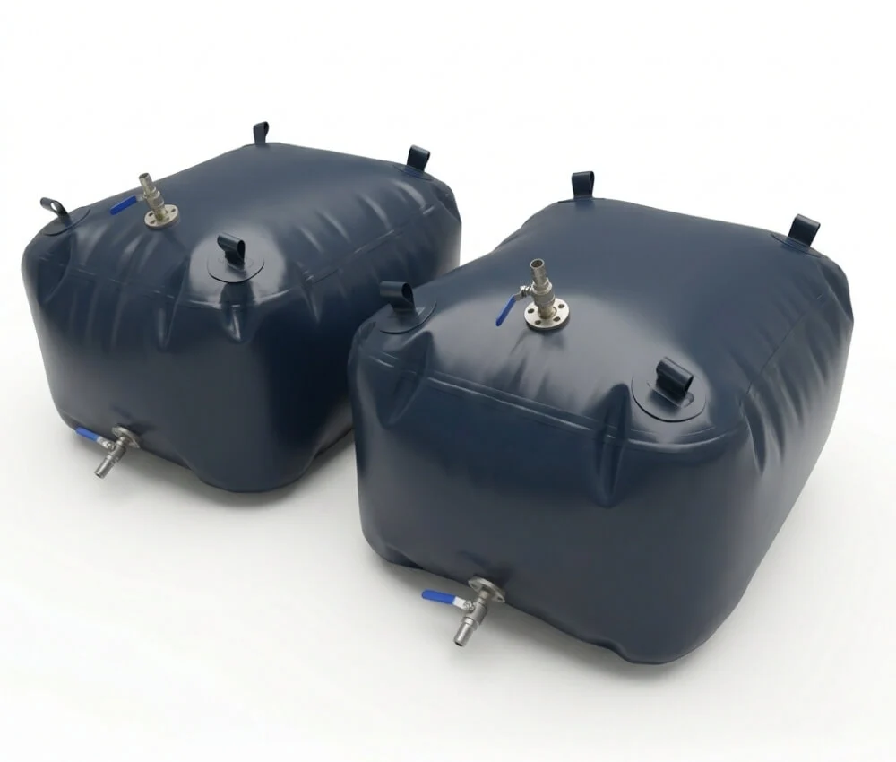Two heavy-duty 100 Gallon Collapsible TPU Fuel Bladders with stainless steel valves for marine and pickup use