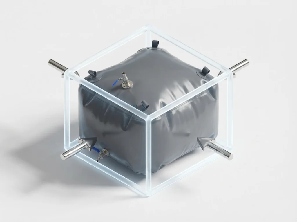 3D icon of folded TPU bladder showing 90% space recovery