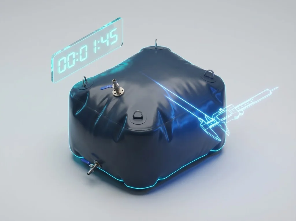 3D isometric icon showing fast drawing and agile customization for fuel bladders