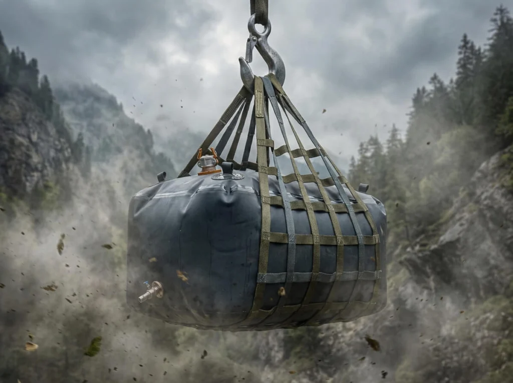 High-strength aviation fuel bladder lifted by a helicopter cargo sling net