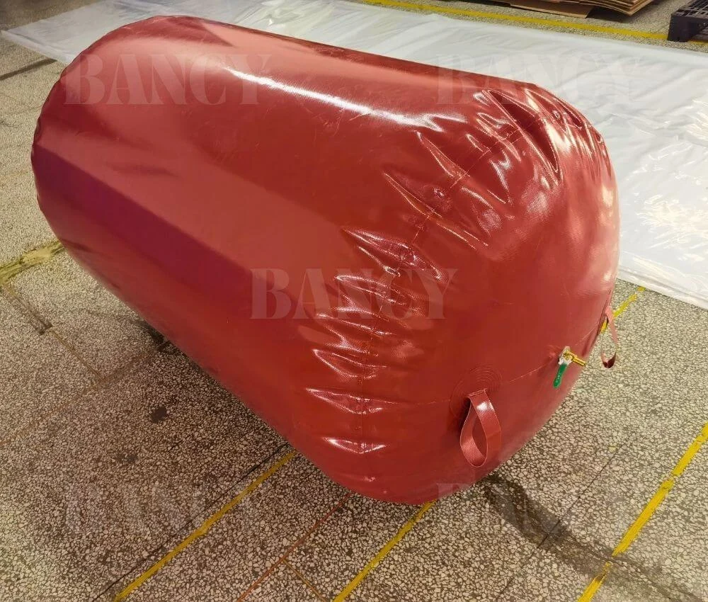 Full angled view of a landfill gas recovery flexible holder inflated on the factory floor.