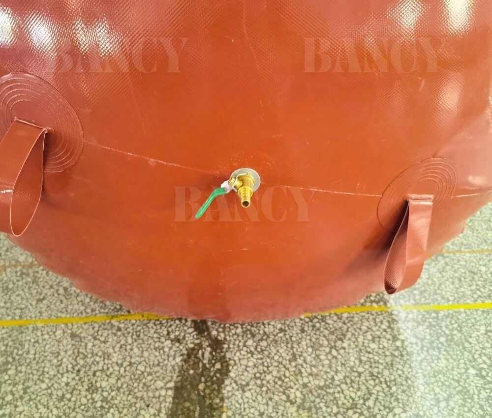 Close up of the secure gas valve on a low pressure renewable gas containment bag.