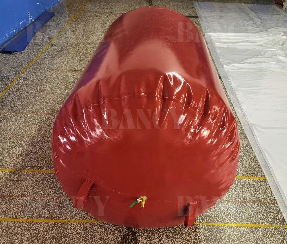 Top end view of a tubular waste to energy biogas storage bag for renewable projects.