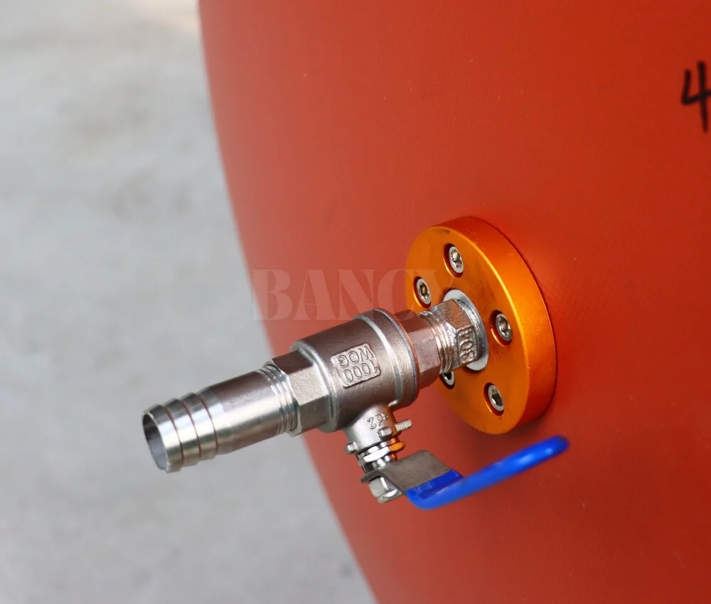 biogas storage bag stainless steel flange valve Stainless steel ball valve and heavy-duty metal flange installed on a biogas storage bag.