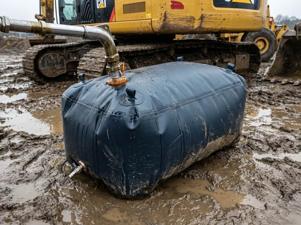 Heavy-duty TPU bladder refueling a yellow excavator at a muddy construction site