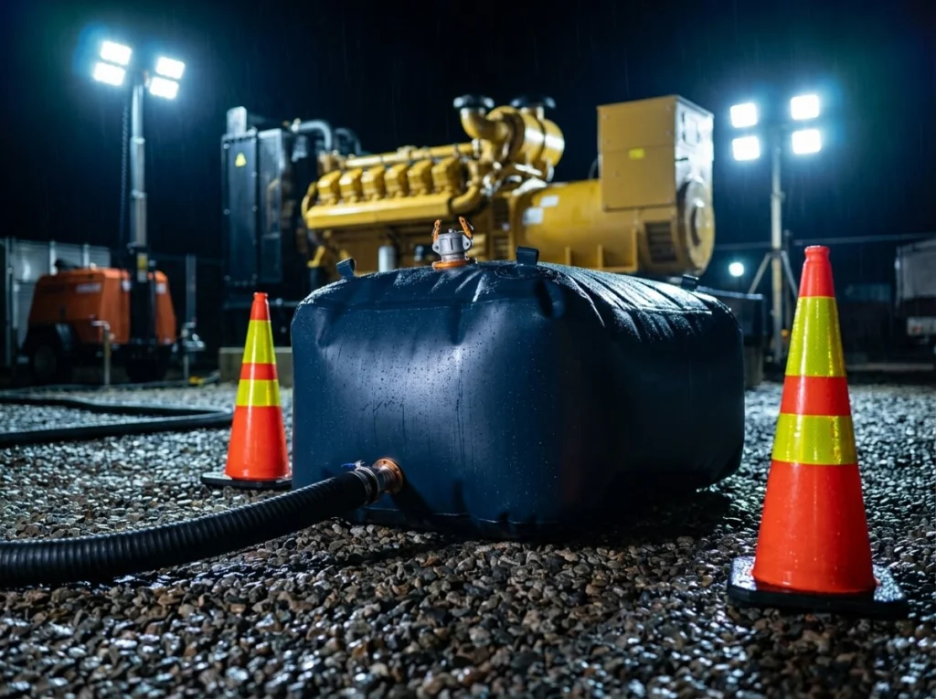 Industrial flexible diesel reservoir deployed for emergency backup generator supply
