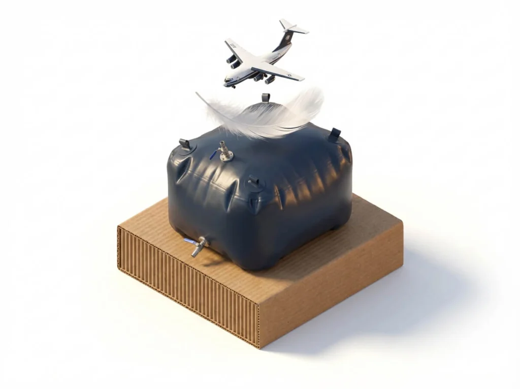 3D shipping box icon illustrating extreme logistics ROI for flexible liquid storage
