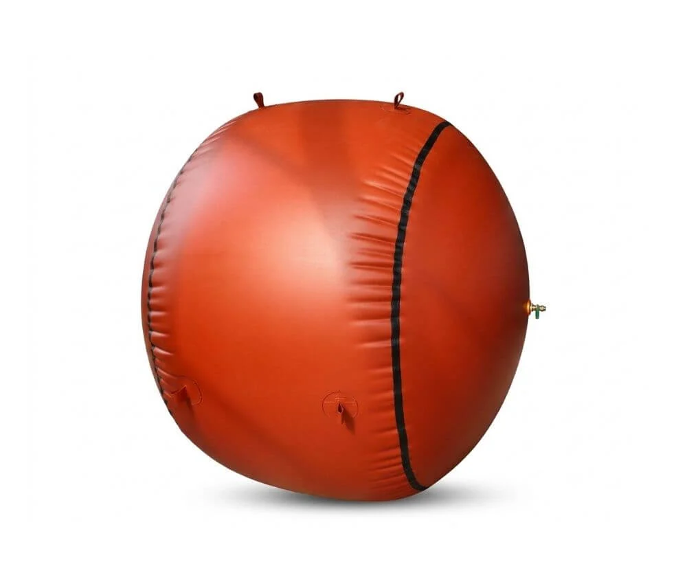 Fully inflated grey portable livestock watering tank bladder, designed for camel and sheep farms in desert environments.