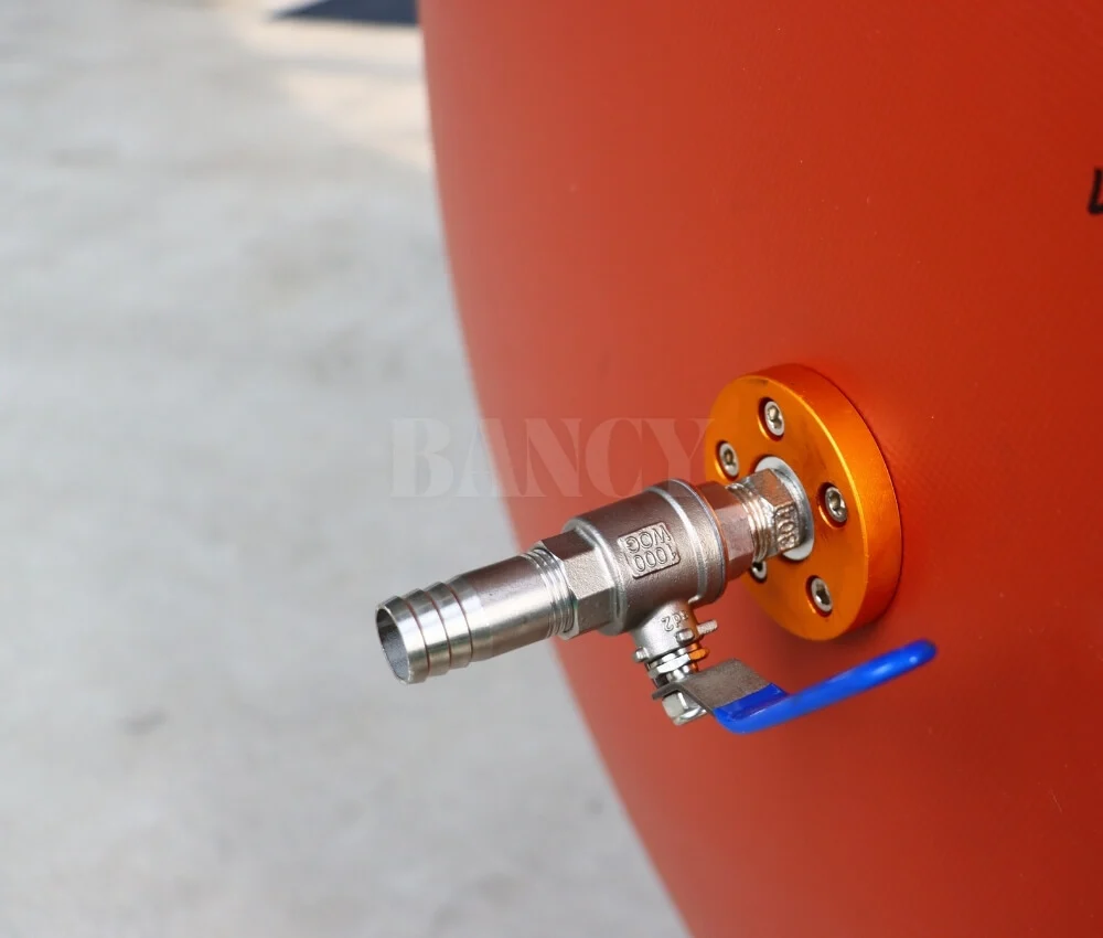 Stainless steel flange and ball valve on flexible biogas gas holder