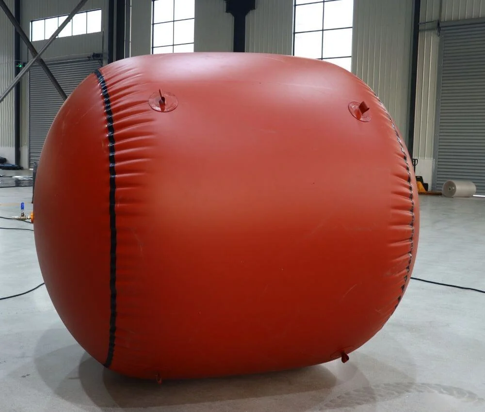 Stainless steel ball valve and heavy-duty metal flange installed on a biogas storage bag.