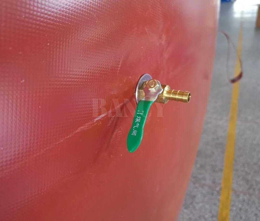 Detailed view of the H2S resistant biogas storage bag valve and secure metal flange.
