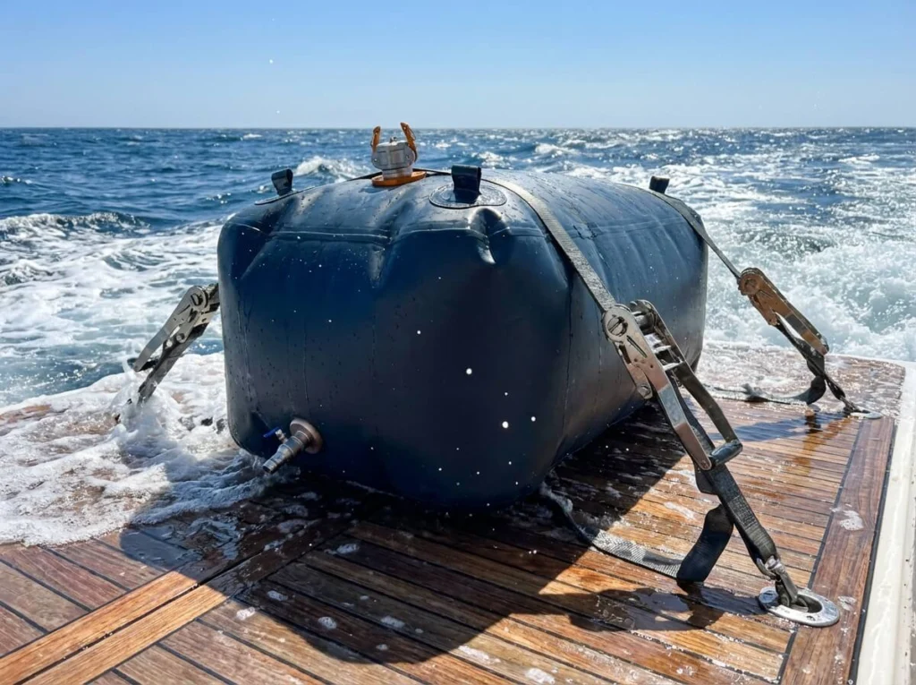 Marine fuel bladder safely secured on a yacht wooden deck for offshore range extension