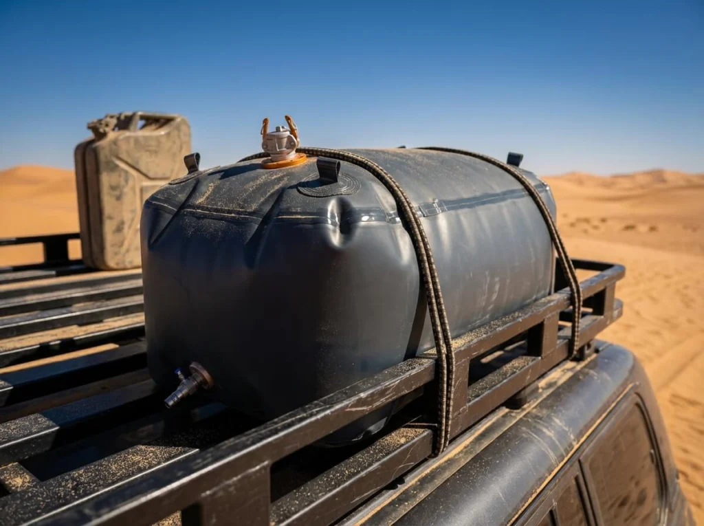 Range extender bladder strapped to an expedition vehicle crossing arid desert dunes