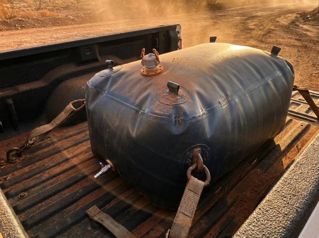 Pickup truck fuel tank resting in a 4x4 bed for remote off-road refueling