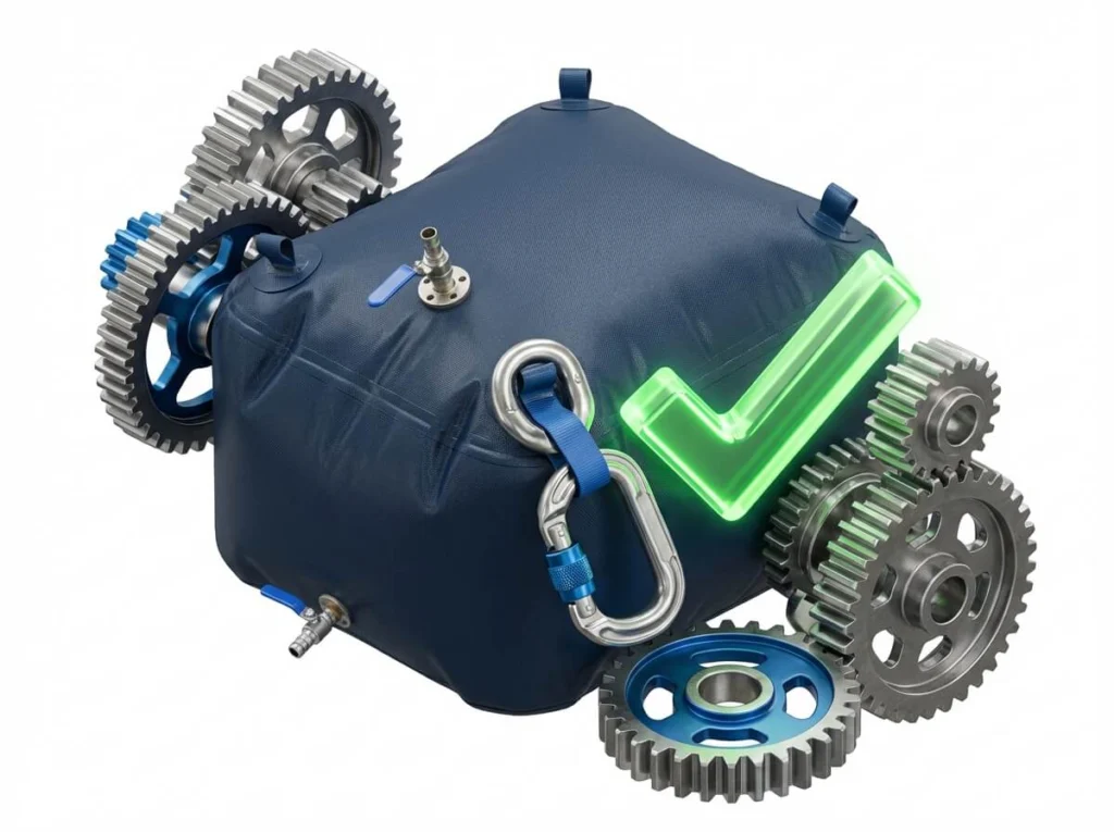 Interlocking mechanical gears icon representing plug and play installation of range extender bladder